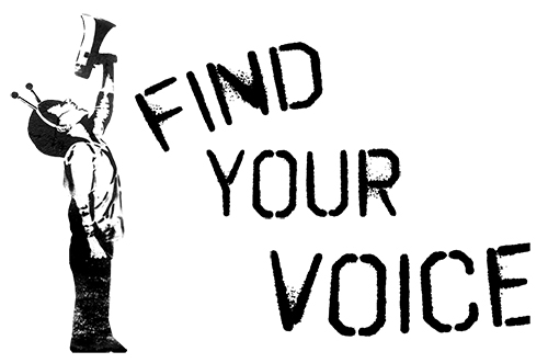 Image of a small boy with a megaphone, accompanied by text that reads “find your voice”.